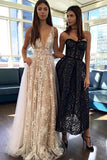 A Line Deep V Neck Sleeveless Tulle Prom Dresses, Long Formal Dresses PW376
