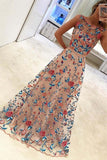 A Line Floral Scoop Sleeveless Prom Dresses with Embroidery, Long Formal Dresses UK PW466