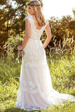 A Line Lace Straps Ivory Backless Wedding Dress Long Bridal Dress PW817