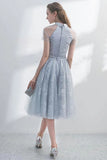 A Line Tulle Halter Short Sleeves Lace Cute Homecoming Dress Short Prom Dress H1284