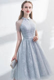 A Line Tulle Halter Short Sleeves Lace Cute Homecoming Dress Short Prom Dress H1284