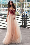 A line Pink Red Lace Appliques Prom Dresses Strapless Tulle Long Evening Dresses PW535