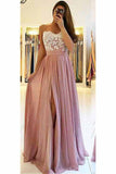 A line Spaghetti Straps Chiffon Sweetheart Prom Dresses with Slit Lace PW594