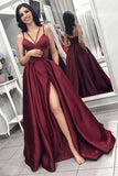 A line Split V Neck Burgundy Prom Dresses with Pockets Spaghetti Straps Prom Dress PW593