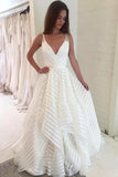 A line V Neck Spaghetti Straps Prom Dresses with Ruffles, Long Wedding Dresses PW595