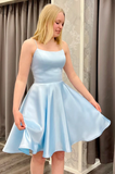 A-Line Spaghetti Straps Blue Graduation Homecoming Dresses N372