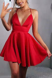 Simple Red V Neck Satin Spaghetti Straps Homecoming Dresses with Above Knee H1157