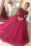 Ball Gown Burgundy Off the Shoulder Long Sleeve Appliques Tulle Party Dresses PW552