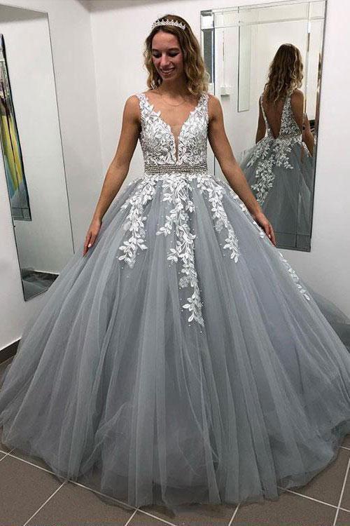 Ball Gown Gray V Neck Prom Dresses with Lace Appliques, Quinceanera Dresses PW684