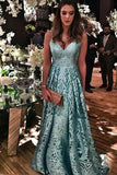 Blue Lace Spaghetti Straps Long Prom Dresses V Neck Sleeveless Evening Dresses PW522