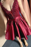 A Line Beaded Short Prom Gown V-Neck Appliques Graduation Party Dress