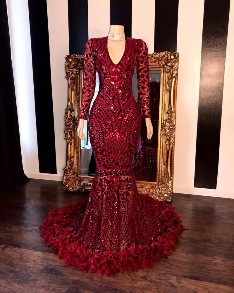 Burgundy V-Neck Long Sleeves Mermaid Prom Dresses Feather With Sequins PD0723