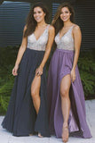 Cheap Chiffon Long Prom Dresses, Side Slit V Neck Beaded Prom Dresses uk PW428