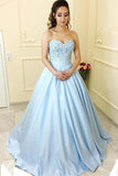 Blue Satin A-Line Princess Sweetheart Neck Strapless Lace up Long Sleeveless Prom Dresses UK PH286
