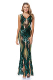 Glitter V-Neck Zipper Back Green Long Sequin Prom Dresses