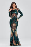 Unique Long Sleeves Mermaid Zipper Back Long Sequin Prom Dresses