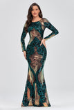 Unique Long Sleeves Mermaid Zipper Back Long Sequin Prom Dresses