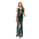 Glitter V-Neck Zipper Back Green Long Sequin Prom Dresses