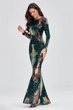 Unique Long Sleeves Mermaid Zipper Back Long Sequin Prom Dresses