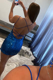 Shiny Blue Sequins Lace Up Short Homecoming Dresses