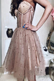 A-line Dusty Rose Sleeveless Tulle Short Prom Dresses Homecoming Dresses