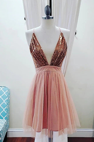 Deep V-Neck Spaghetti Straps Sleeveless Sequins Short Prom Dresses Homecoming Dresses