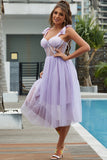 Spaghetti Straps V-Neck Purple Tulle Short Homecoming Dress Prom Dress