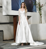 A Line 3/4 Sleeve Appliques Satin Court Train Wedding Dresses WH32387