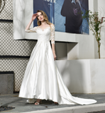 A Line 3/4 Sleeve Appliques Satin Court Train Wedding Dresses WH32387