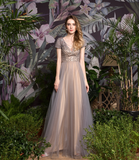 Unique A Line V-Neck Sequins Tulle Floor Length Prom Dress WH60386