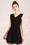 Black V-Neck Slim Sleeveless Sparkling Short Homecoming Dress DTH0015