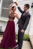 Two Pieces Burgundy A Line Stylish Beading Long Wedding Party Gown