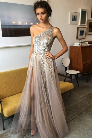 Elegant A Line Brown One Shoulder Tulle Shinning Side Split Long Prom Dresses PH618