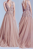 Dusty Pink Tulle Off Shoulder Lace Long Elegant Party Prom Dress