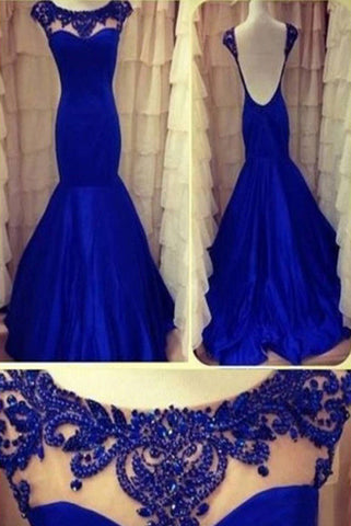 Sexy Mermaid Royal Blue High Neck Cap Sleeve Beads Backless Evening Dress