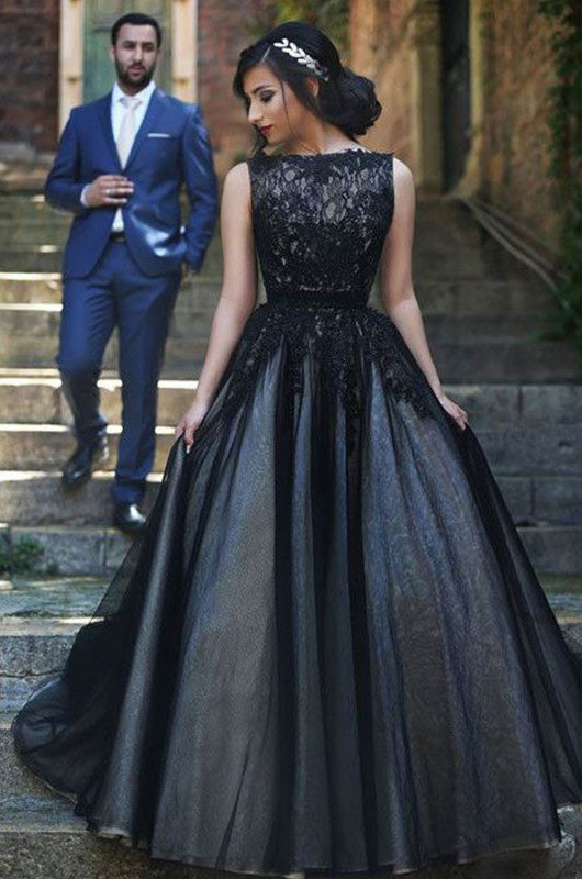 Elegant Round Neck Black Lace Ball Gown Long Prom Dress PH430