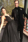 Charming A Line Black Spaghetti Straps Tulle V Neck Prom Dress Long Evening Dress P1416