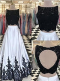 Elegant A Line Two Pieces Open Back Scoop Satin Lace Beads Prom Dress PW189