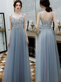 Elegant Spaghetti Straps Appliques Tulle Long Prom Dress PD14