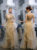 Elegant V-Neck Straps Tulle Beading Ruffles Floor Length Prom Dress PD15