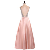 Elegant A Line V-Neck Beading Prom Dress Straps Satin Evening Dress PW496