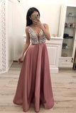 Elegant A Line V Neck Beading Prom Dresses Straps Satin Evening Dresses uk PW496