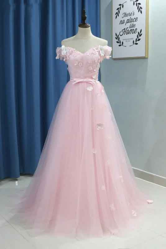 Elegant A line Pink Tulle Prom Dresses with Flowers Off the Shoulder Belt Evening Dress PW749