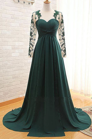 Elegant Long Sleeve Green Chiffon Long Appliqued Prom Dresses, Open Back Party Dresses P1069