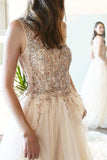 Elegant Tulle V Neck Beaded Rhinestones A-line Prom Gowns Slit Long Prom Dresses PW530