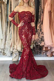 Mermaid Long Sleeves Dark Red Off the Shoulder Lace Prom Dresses with Train PW367
