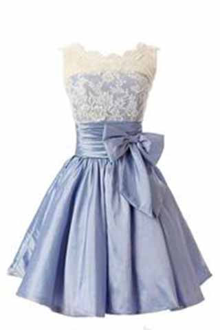Elegant Lace Bowknot Scalloped-Edge Knee-Length Blue Homecoming Dress
