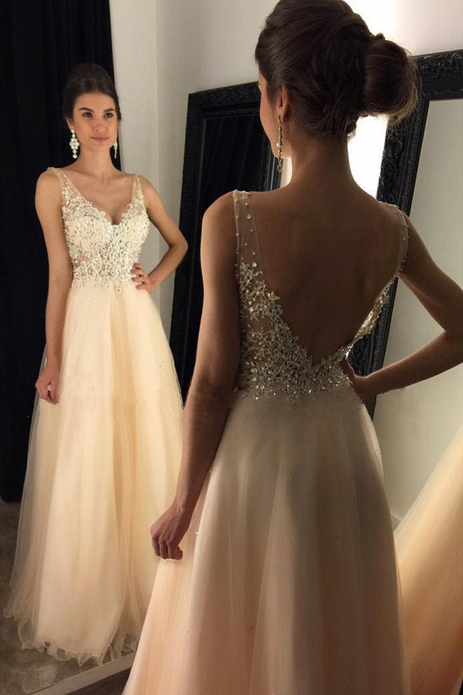 V-Neck Prom Dresses With Appliques,Beaded Long A-line Tulle Prom Dresses PM101
