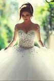 Sheer Beaded Long Sleeves Sweetheart Crystals Tulle Wedding Dresses