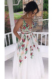 Fashion A Line Deep V Neck Backless Ivory Lace Prom Dress with Appliques PW567